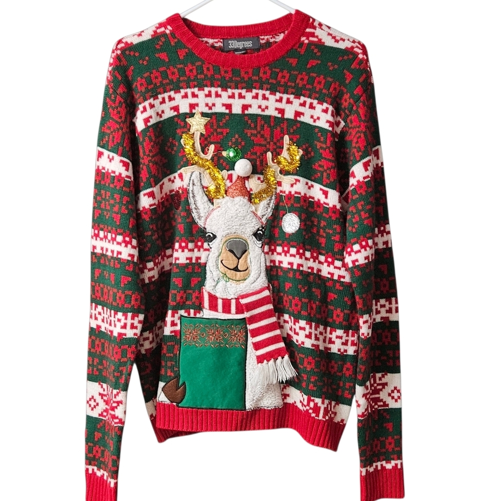 33 Degrees Men's Christmas Sweater Llama Size Large Red White Green